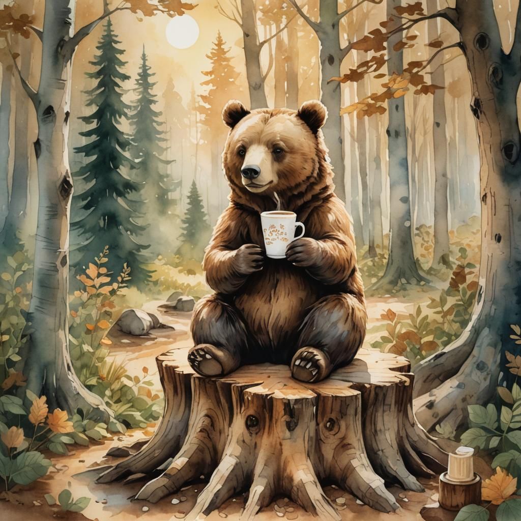 Cozy Bear Sits on Tree Stump with Latte in Whimsical Waterco...
