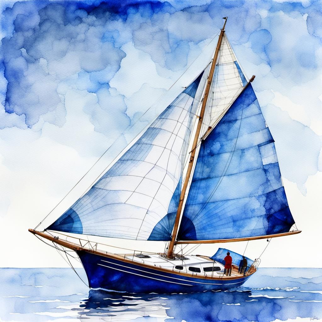 Ultramarine Sailboat in Watercolor and Ink Style