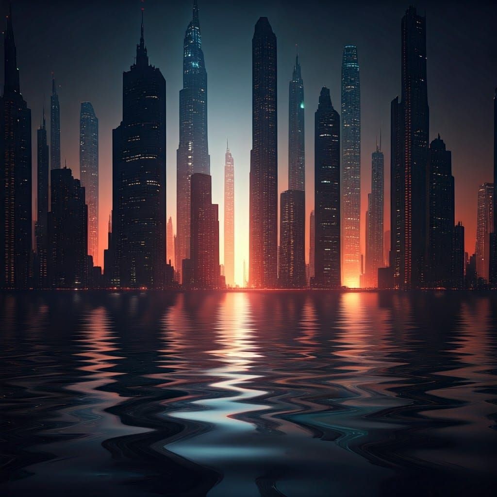 Futuristic Night Metropolis Reflected in Rippling Water