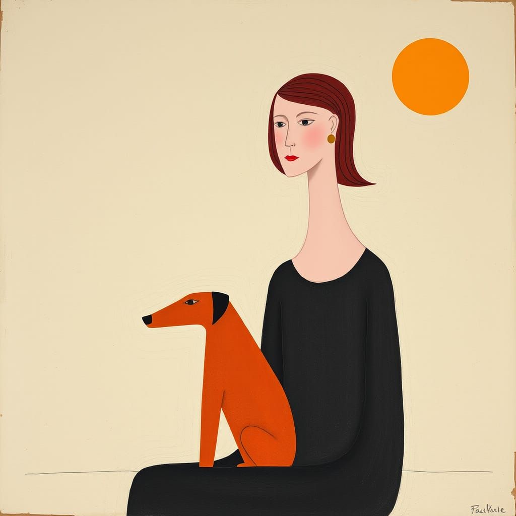 Minimalist Woman and Dog in Paul Klee Style