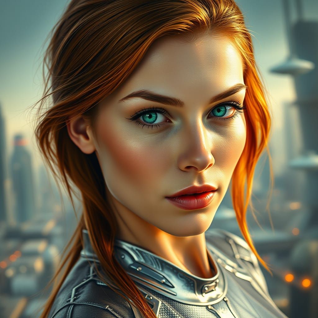 Resolute Cyberpunk Goddess in Ethereal Glow