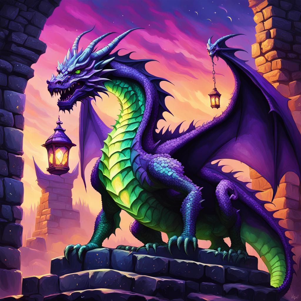 Majestic Purple Dragon in Medieval Ruins: Oil Painting