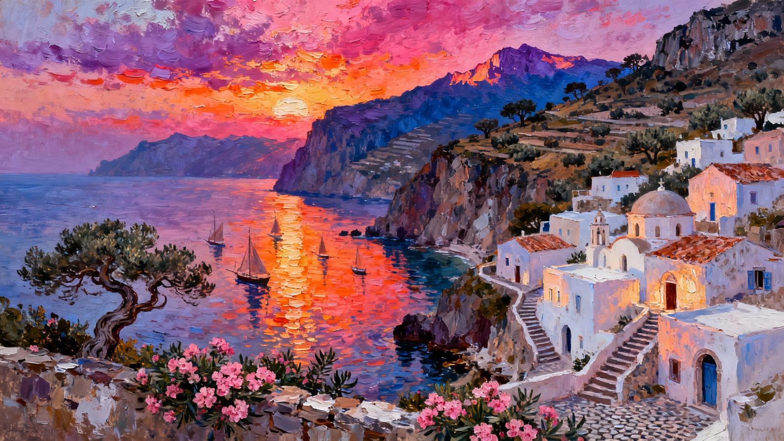 Impressionistic Oil Painting of Santorini Coast at Twilight