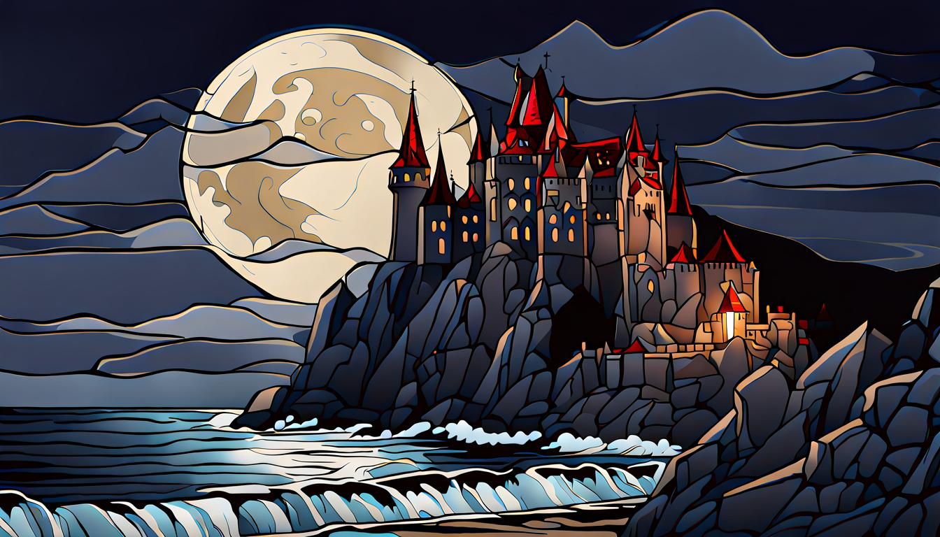 Dark stormy Dracula castle on a cliff side