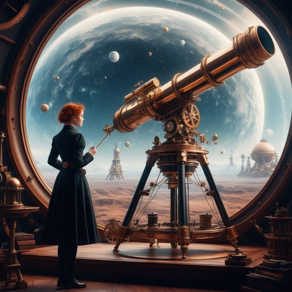 Steampunk Astronomer Observes Nebulae in Observatory