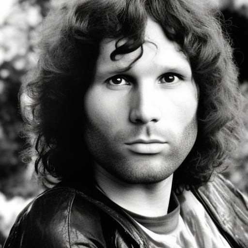 "Jim Morrison" of the band "the doors"- how he would look at the age of 80 years old. Portrait candid. B&w. 16k, intrica...