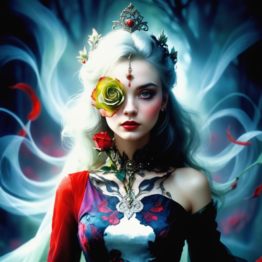 Woman with Rose in Misty Forest Oil Painting