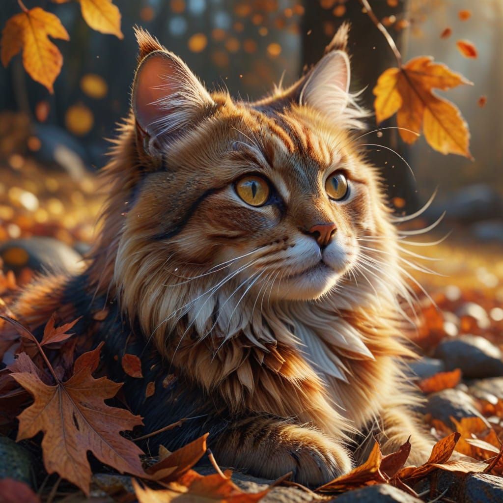 Realistic Cat Amidst Autumn Leaves in Oil Painting
