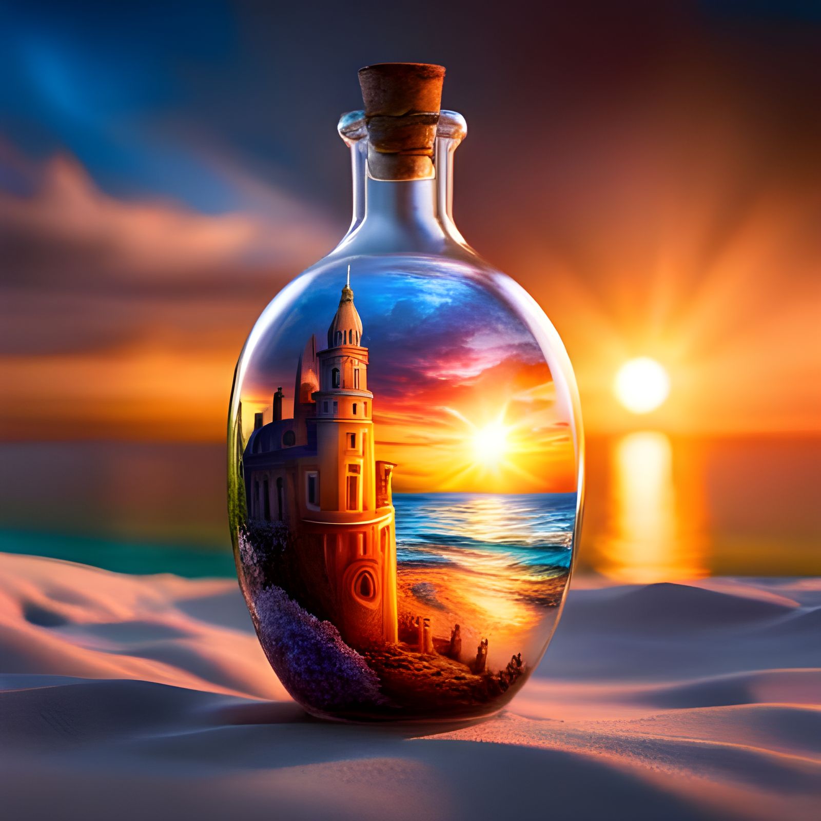 Enchanted Sandcastle in a Bottle at Sunset