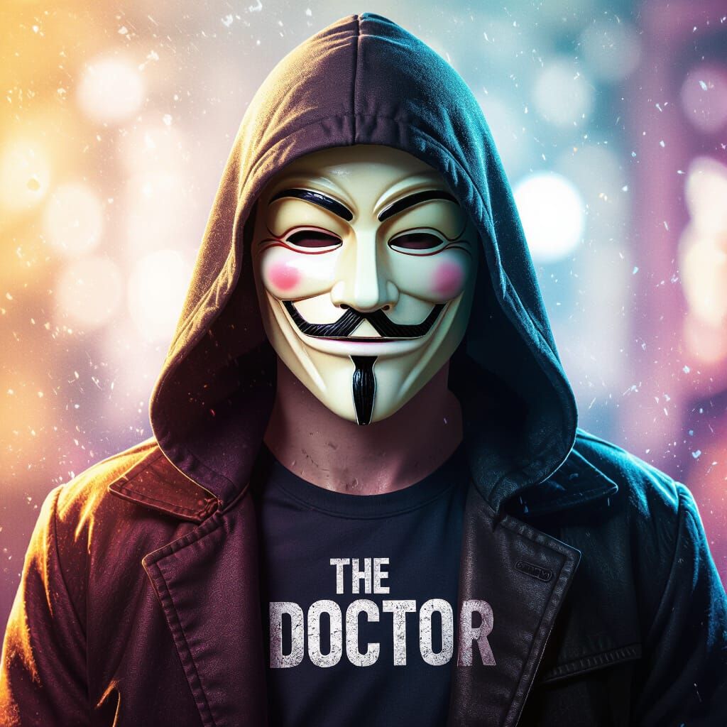 Hooded Figure in Guy Fawkes Mask With "The Doctor" Shirt