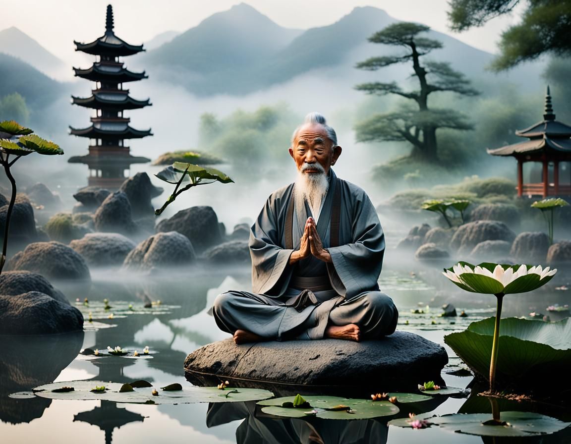 Serene Japanese Sage Yoga in Misty Landscape