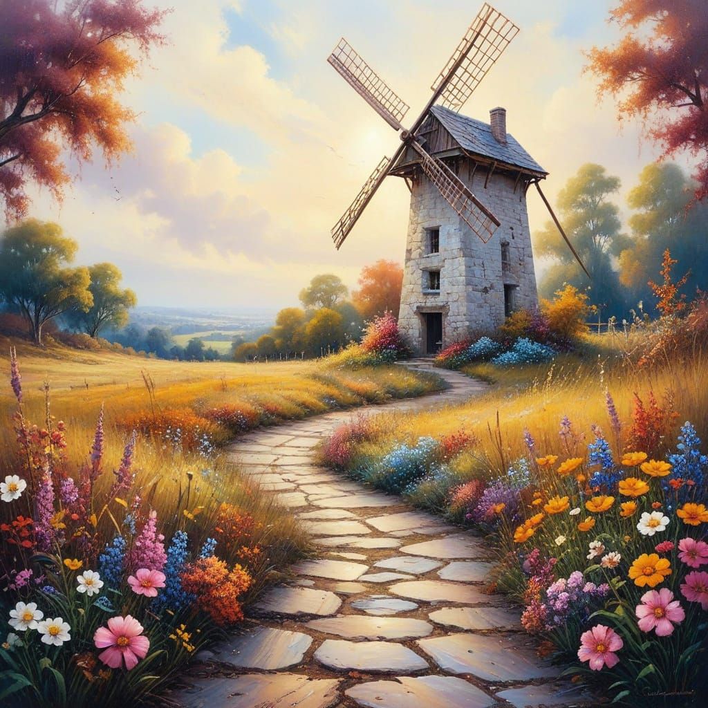 Whimsical Autumn Windmill in a Distant Landscape