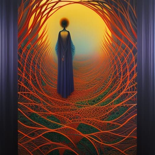 Sunset-Human Hybrid in Glass Forest, Oil on Ceramic