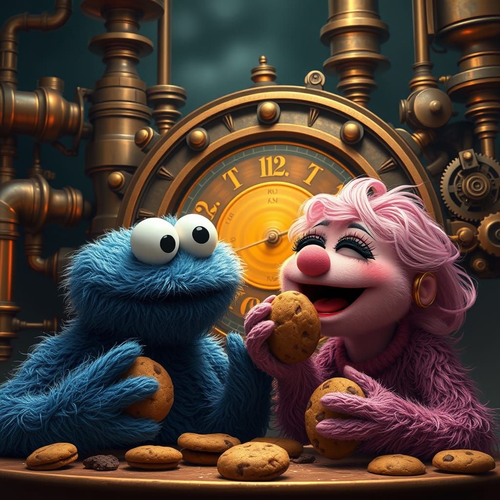 Steampunk Cookie Monsters Devouring Cookies
