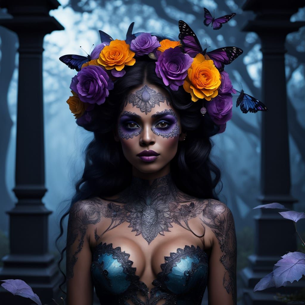 Ebony Goddess in Moonlit Cemetery: Día de los Muertos
