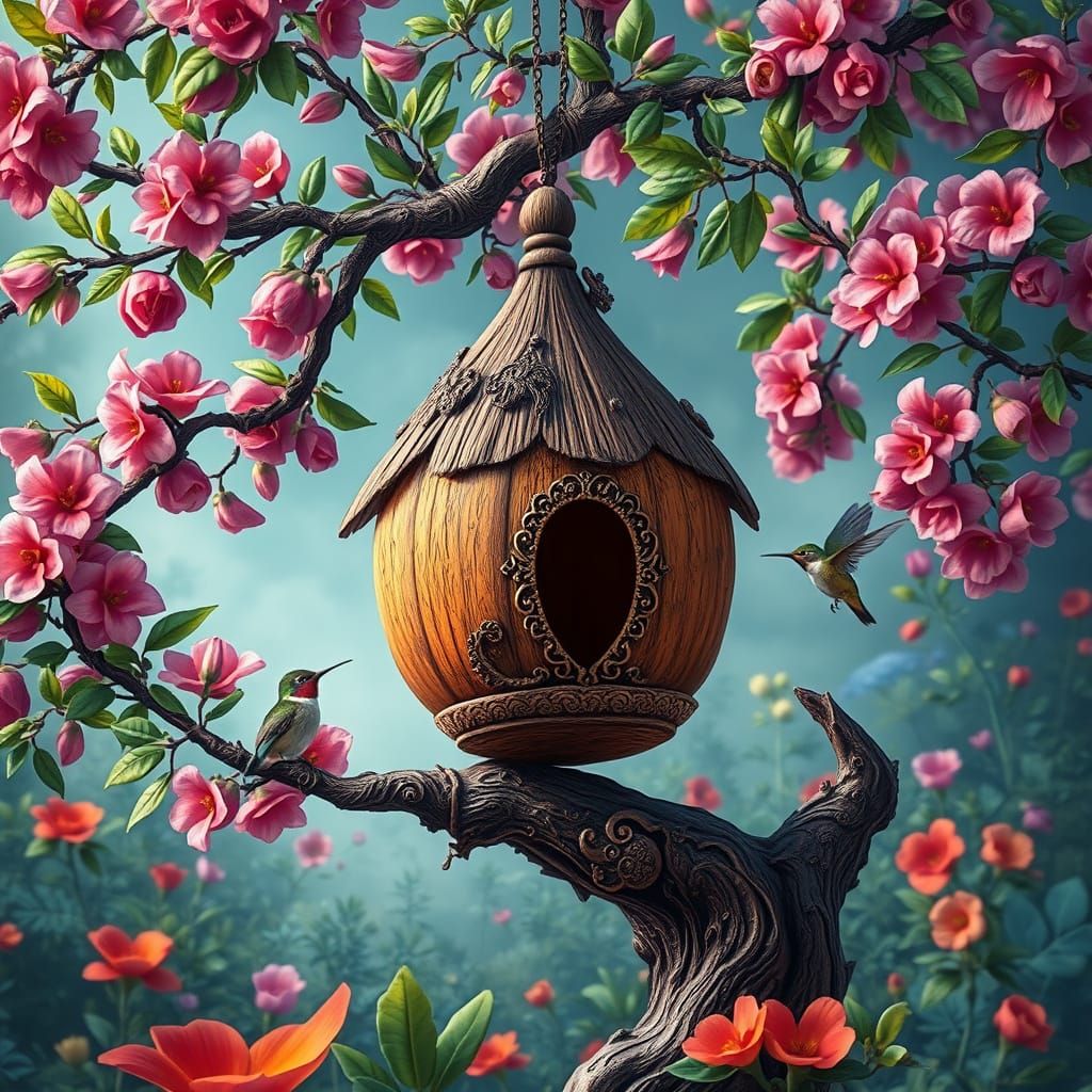 Ornate Birdhouse on Bonsai Tree in Fantasy Garden