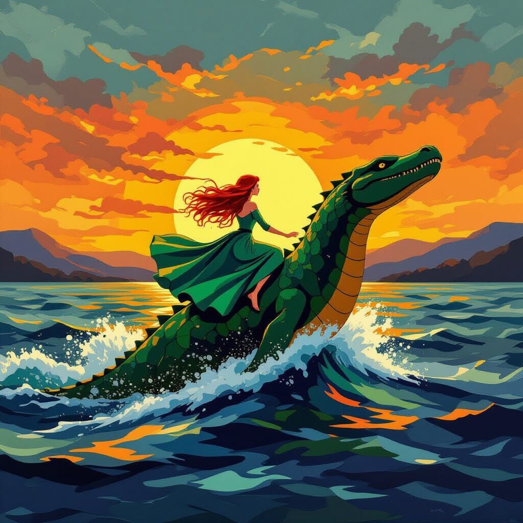 Girl Rides Nessie in Abstract Loch Ness Scene