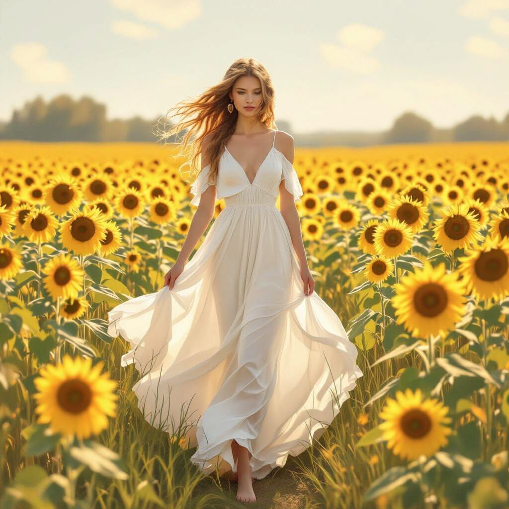 Woman in Sunflower Field: Impressionist Art Nouveau