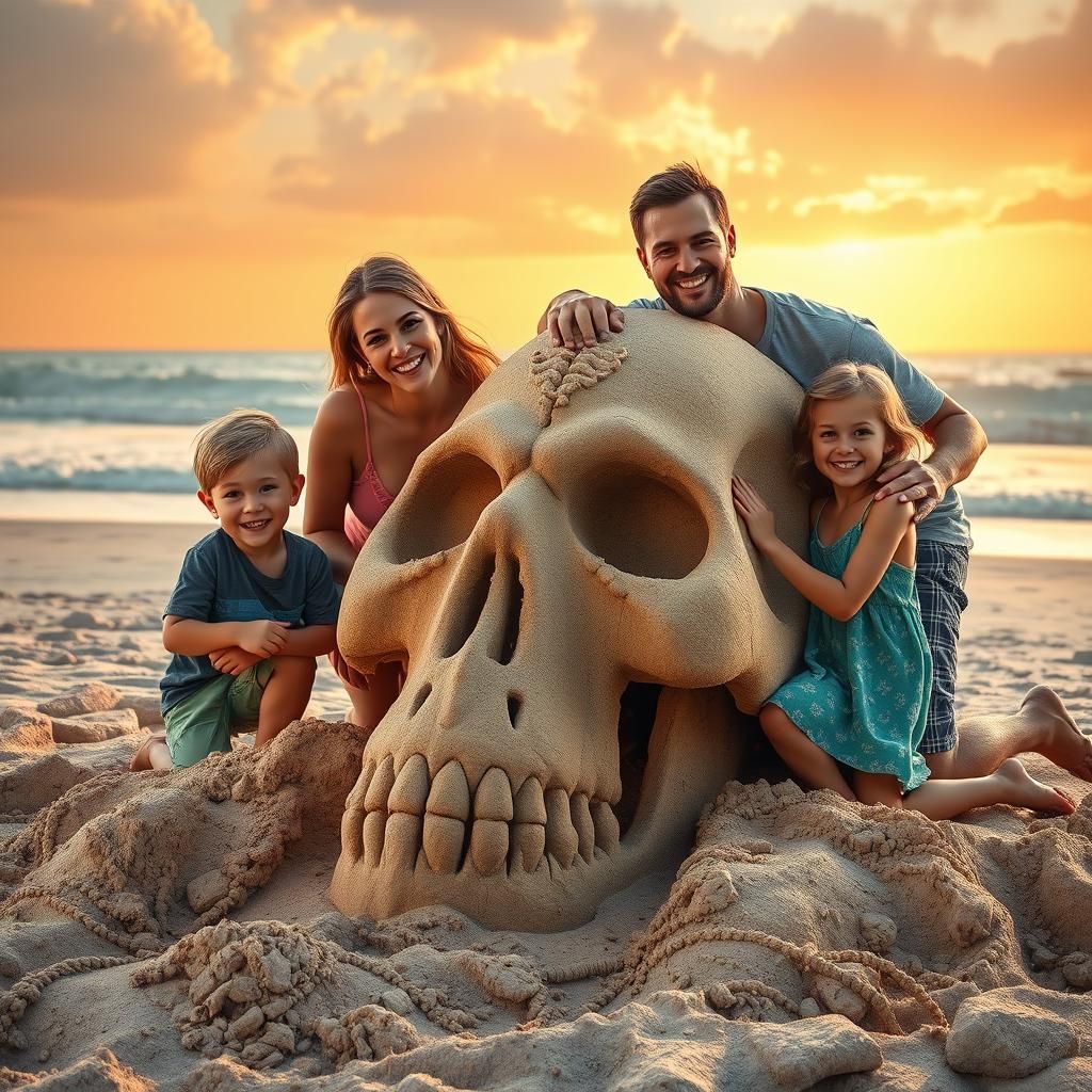 Family Builds Skull Sandcastle on Beach in Photorealistic St...