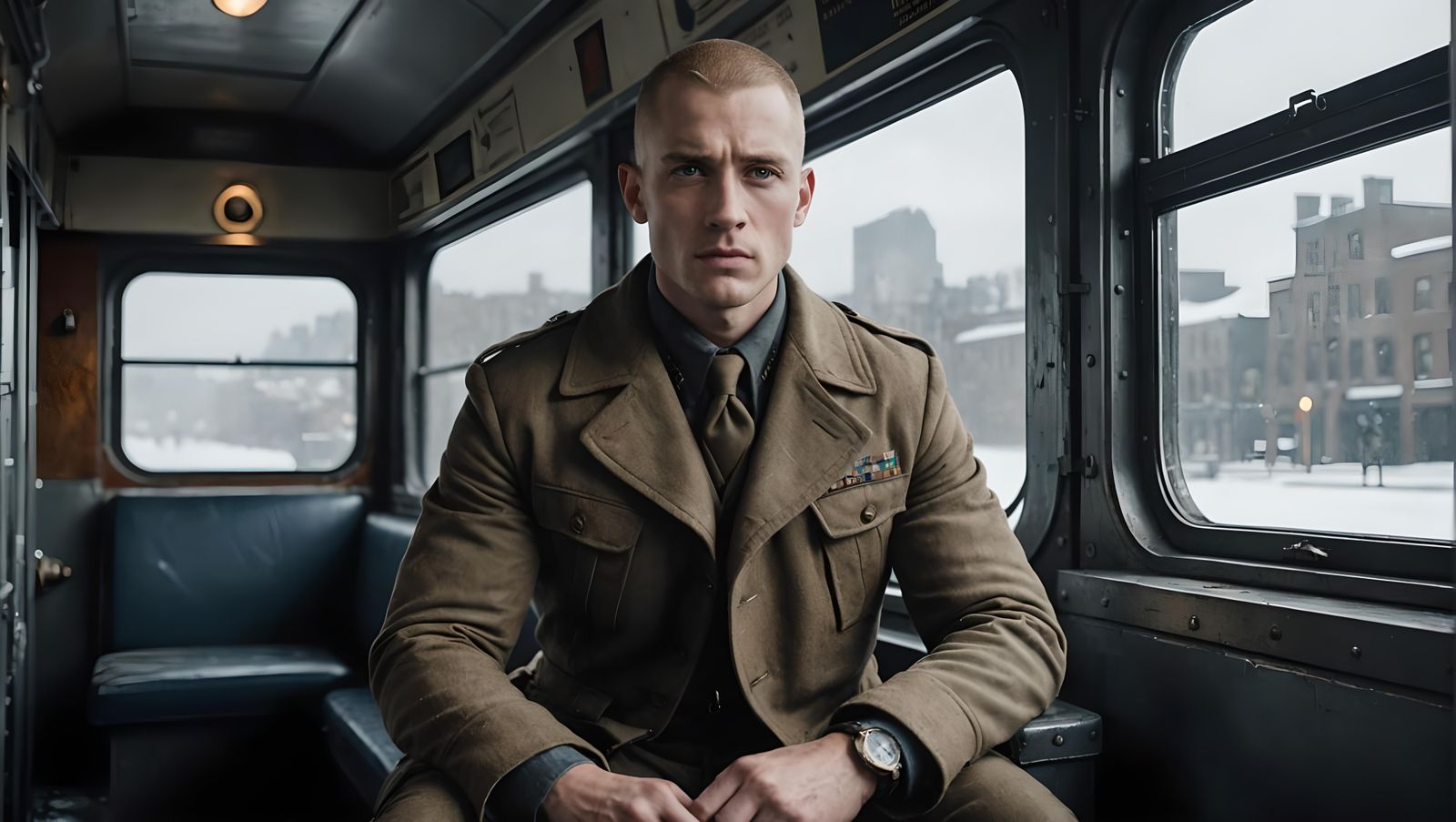 Handsome WWI Soldier in Steampunk Winterscape