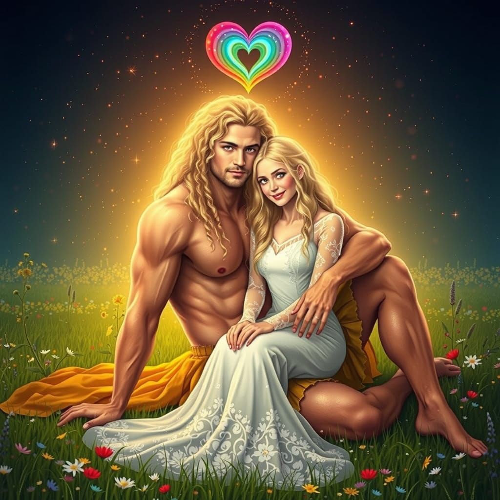 Romantic Spring Scene with Fiery Man and Blonde Woman