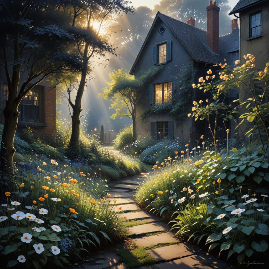 Sunlit Garden in Shadow, Watercolor Style