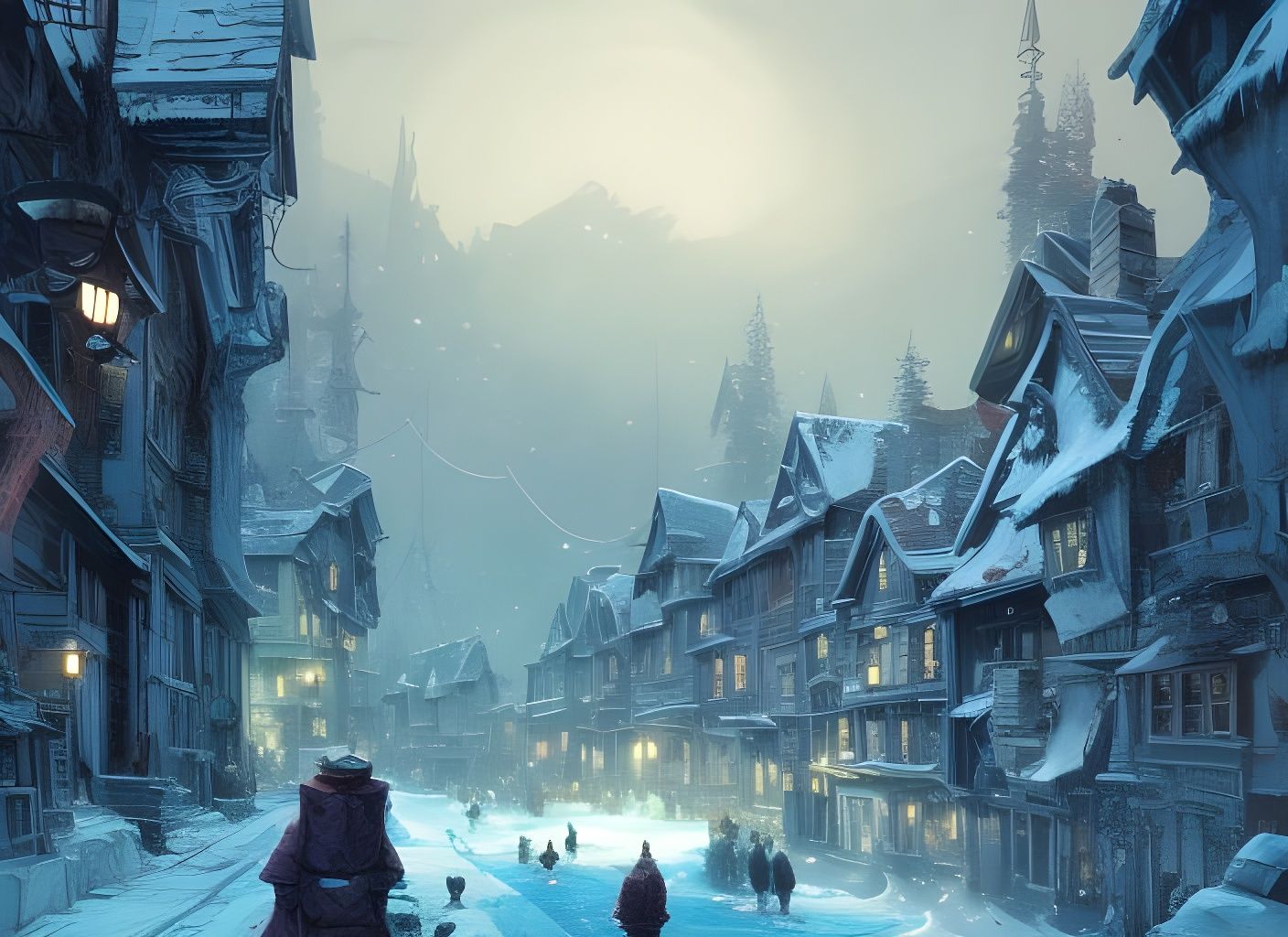 Cozy Winter Town on Ragged Mountain in Watercolor