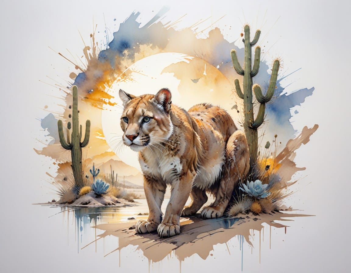Cougar Watches Reflection in Moonlit Desert Oasis