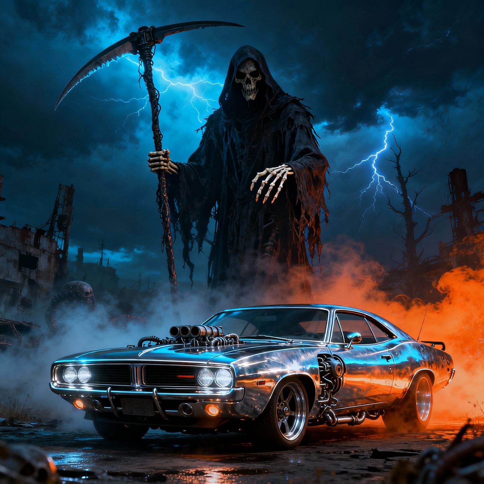 Spectral Reaper and Muscle Car in Post-Apocalyptic Landscape