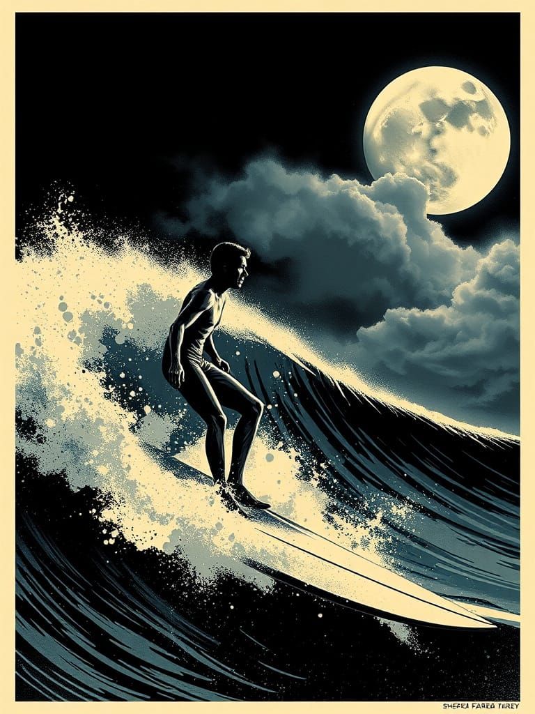 Film Noir Surfer Movie Poster in the Style of Shepard Fairey
