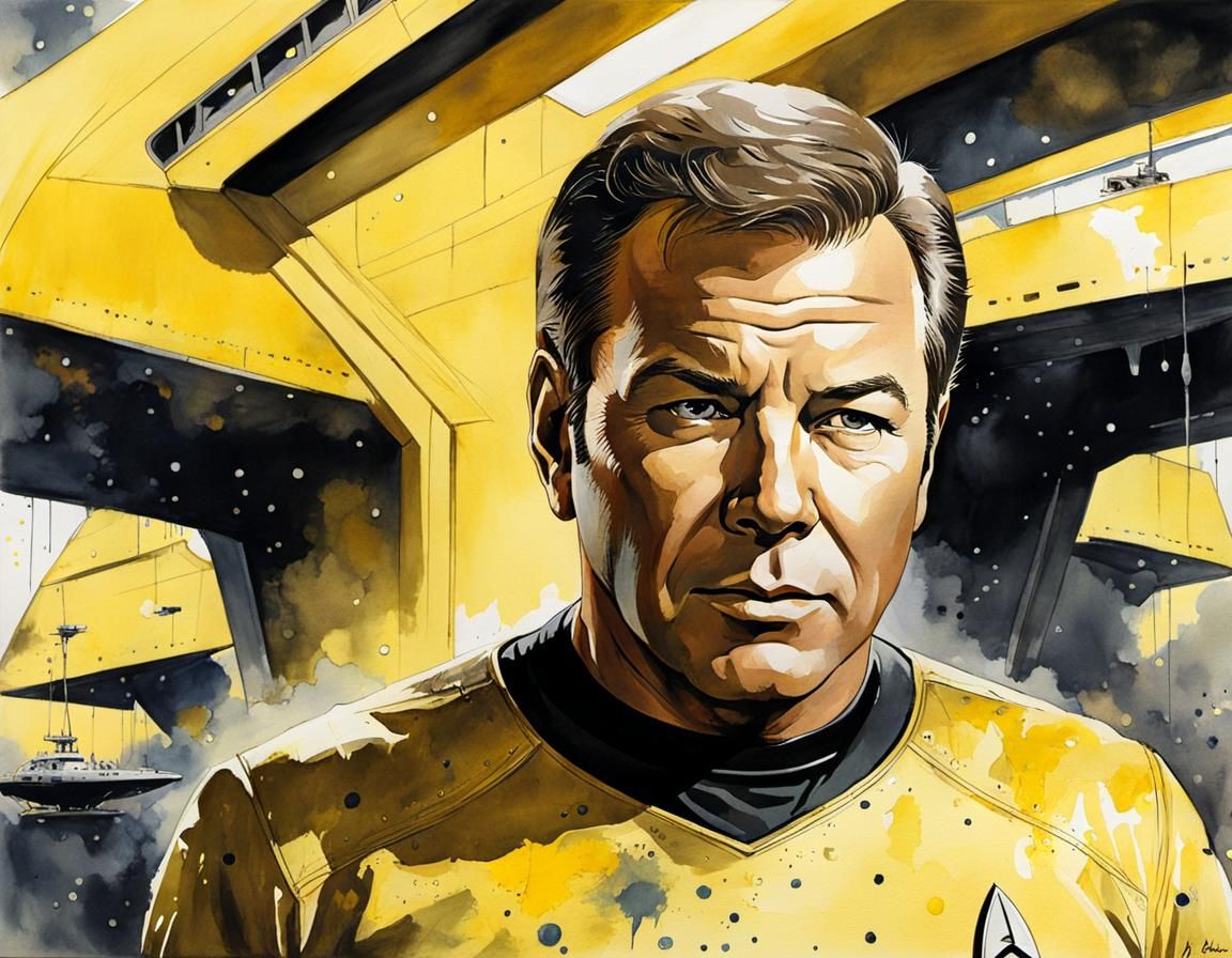 Captain Kirk Watercolor Portrait on Starship Enterprise