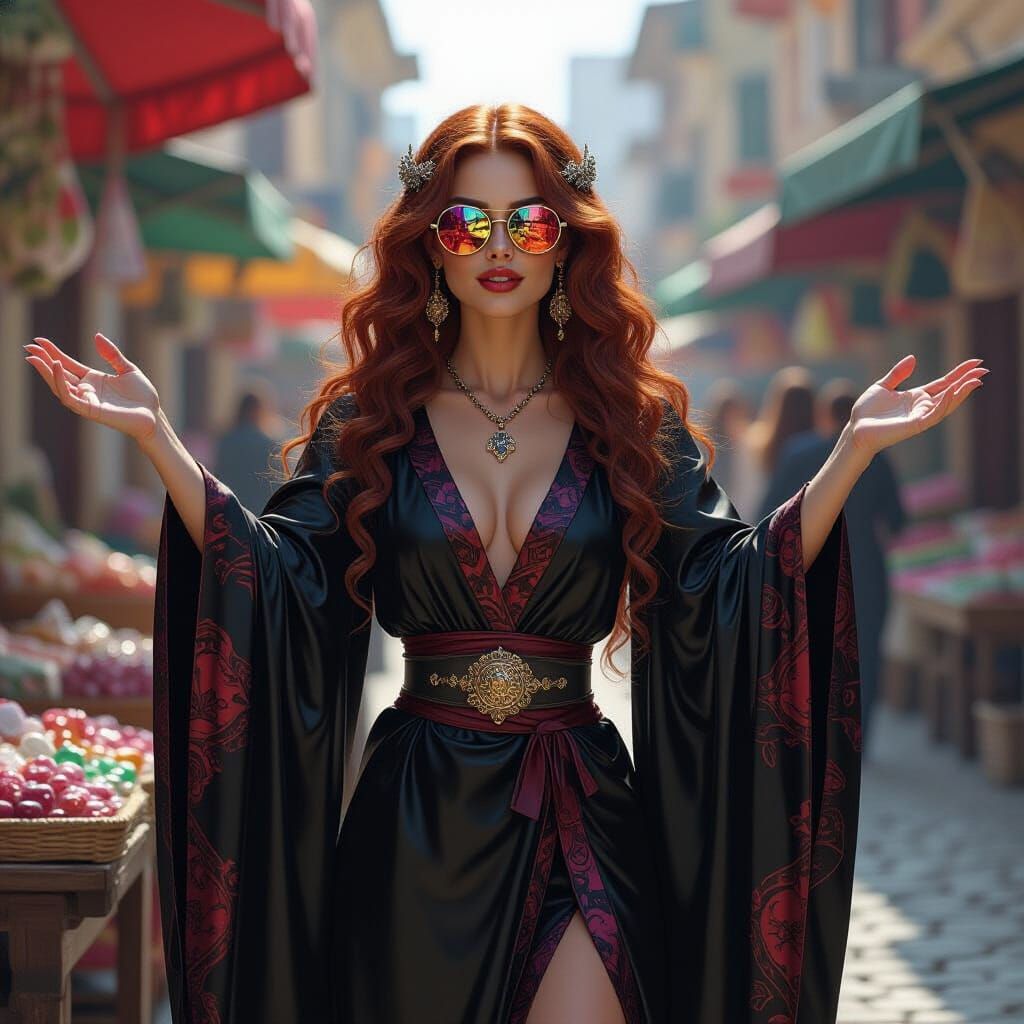 Tiefling Wizard Selling Candy as Oil Painting