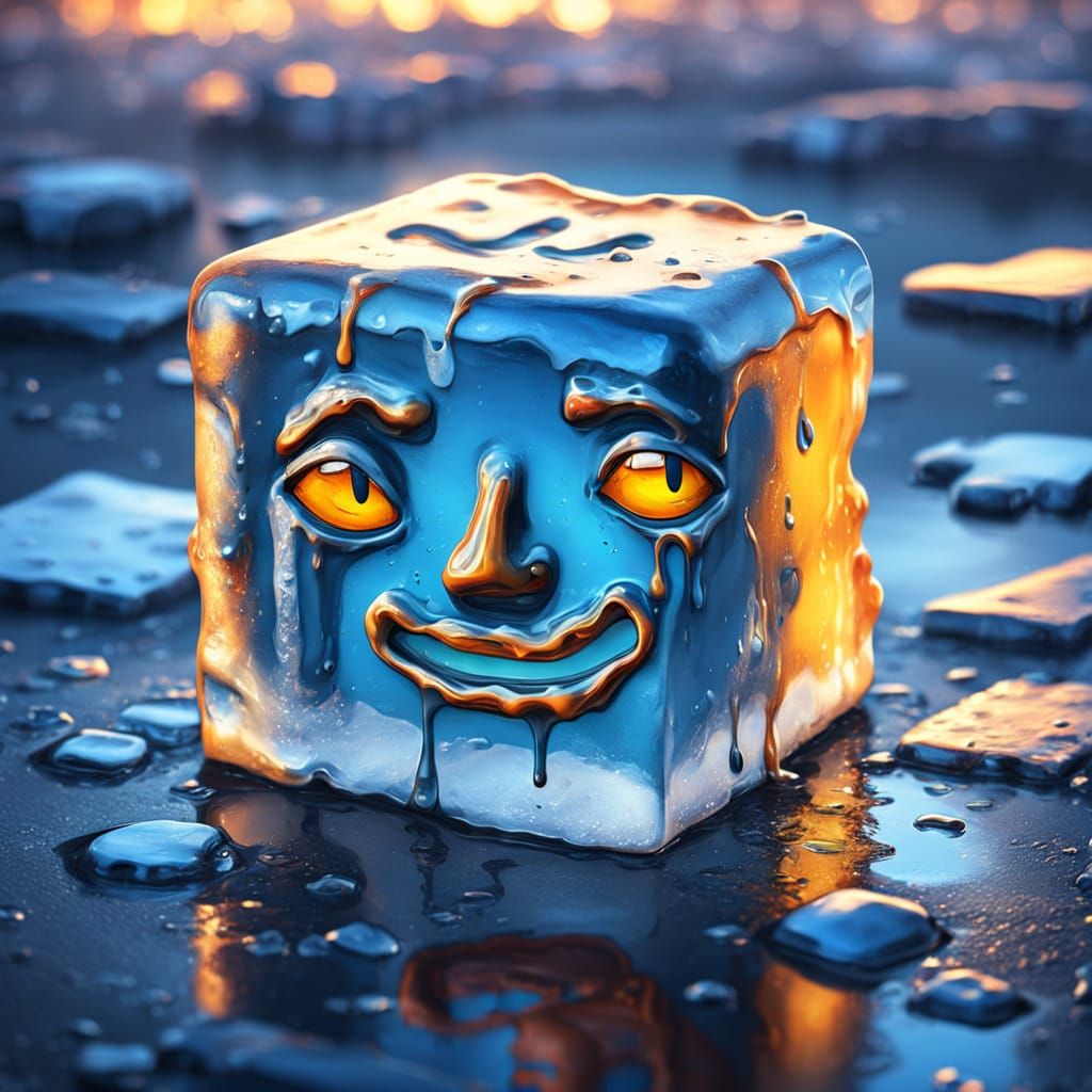 Surreal Melting Ice Cube Face on Hot Street
