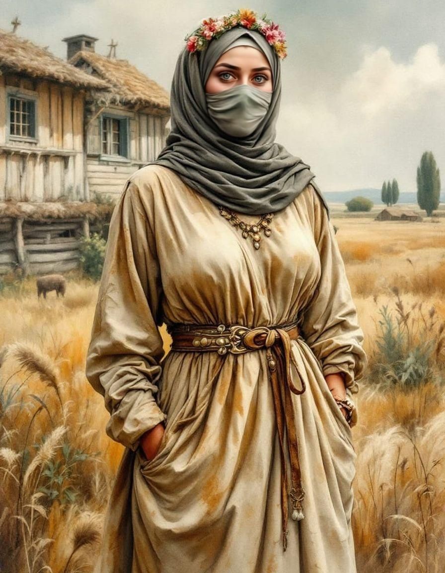 Neolithic Woman in Traditional Dress, Watercolor Style