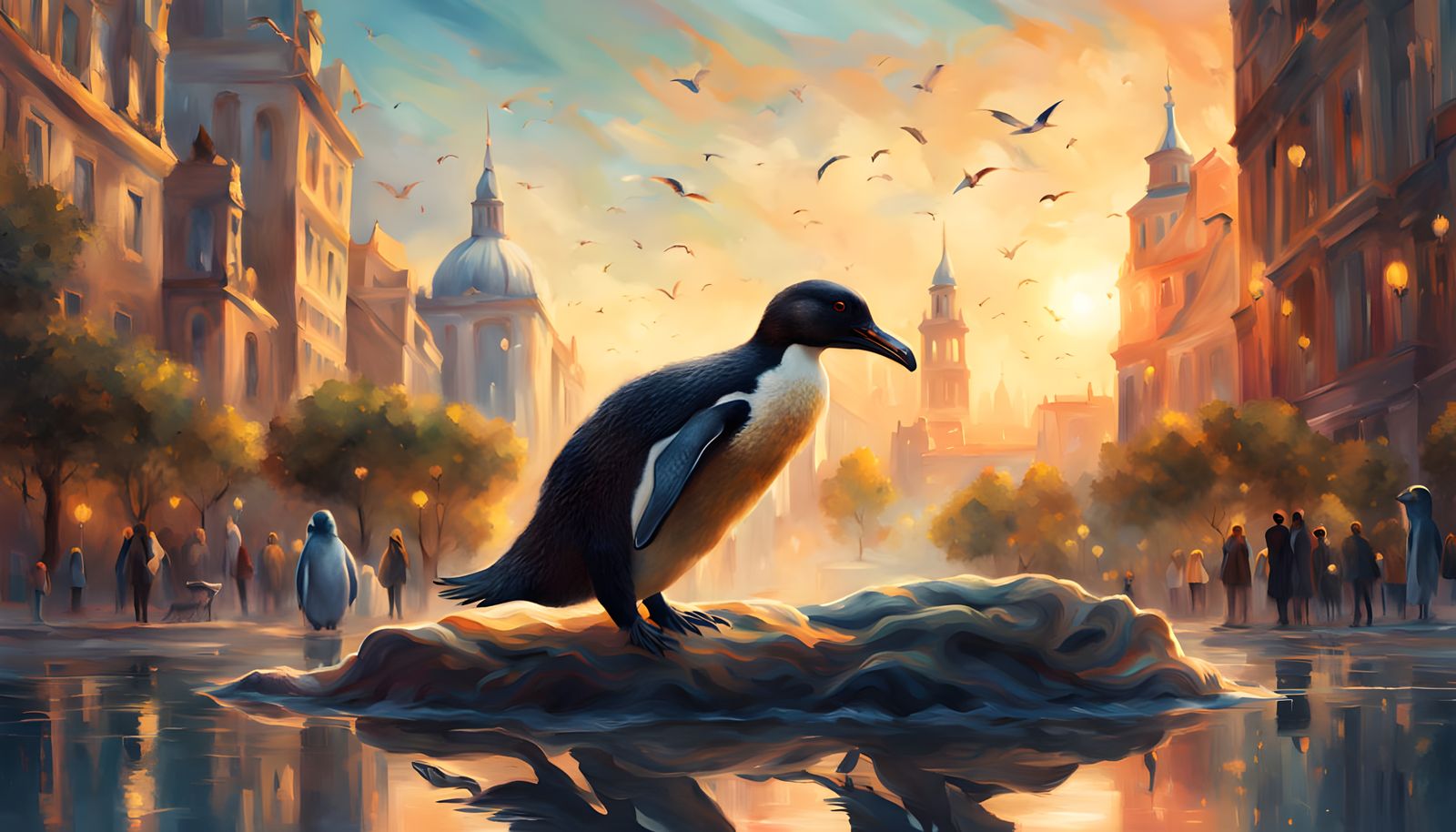 Surreal Platypus and Penguin Scene in Vibrant Cityscape
