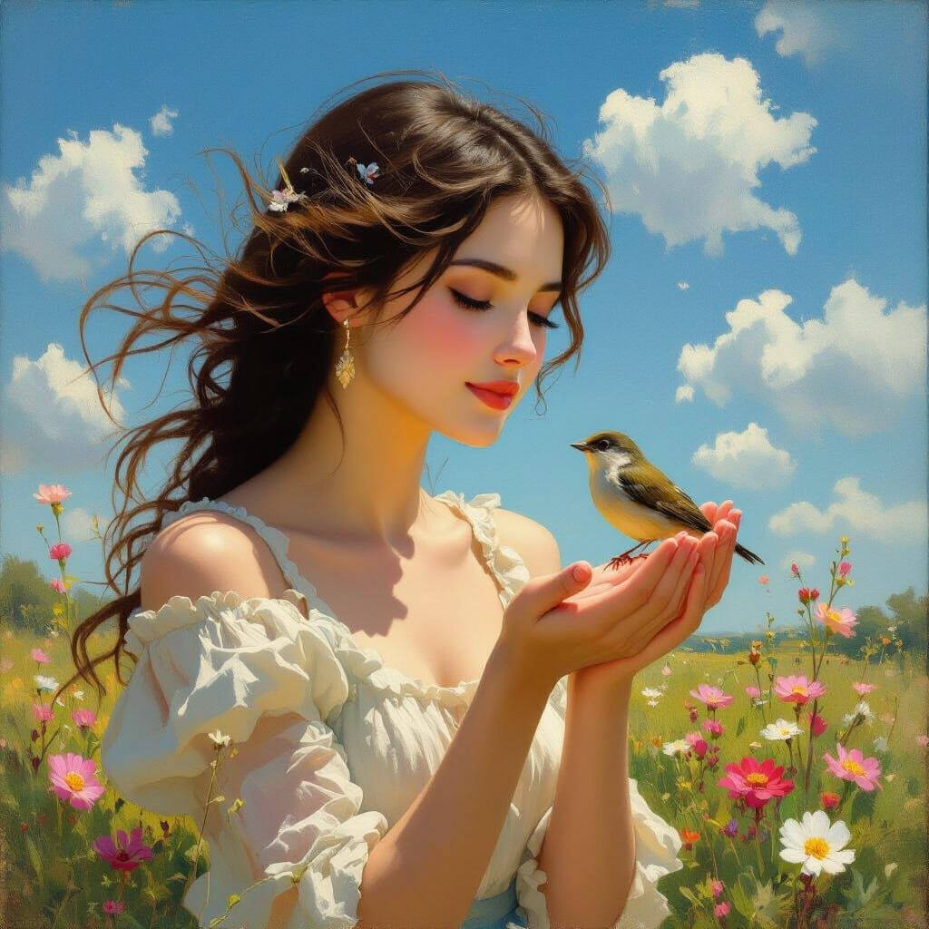 Woman Holds Bird Beneath Blue Sky, Impressionistic Oil Paint...