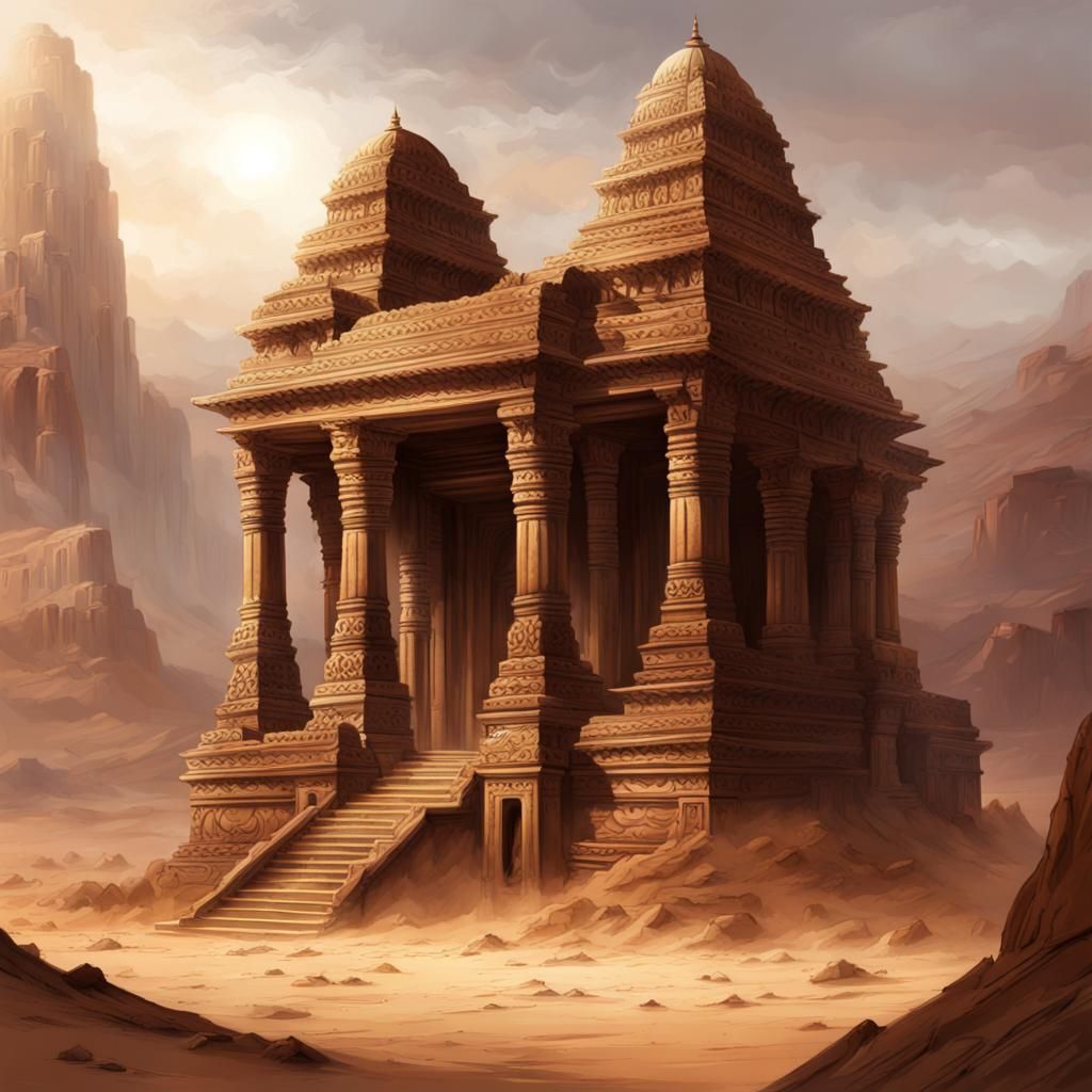 Ancient Hindu Temple Ruins in Desert Landscape