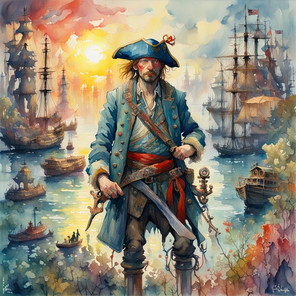 Vivid Watercolour Portrait of a Wild Pirate