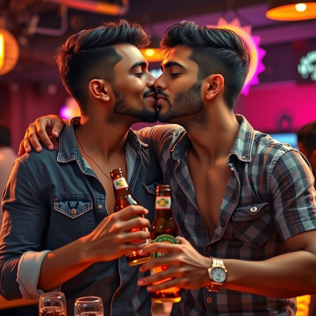 South Indian Men Share Affection in Bar, Digital Art