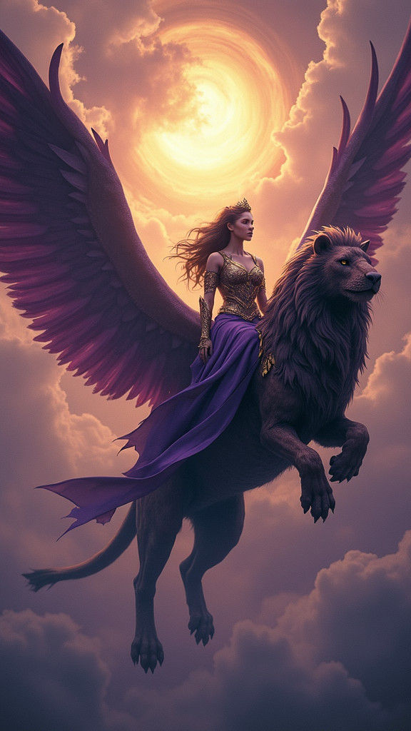 Woman on Griffin in Dramatic Dark Fantasy Scene