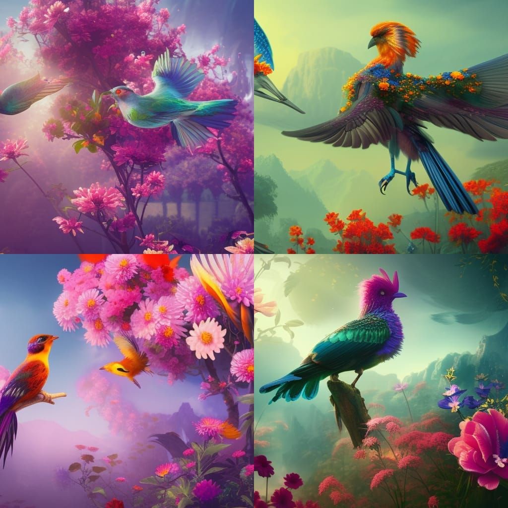 Colorful Fantasy Bird Among Flowers: Detailed Matte Painting