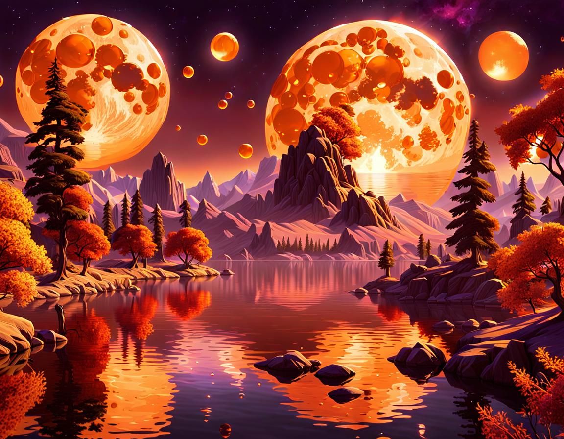 Orange Bubble Landscape with Two Moons