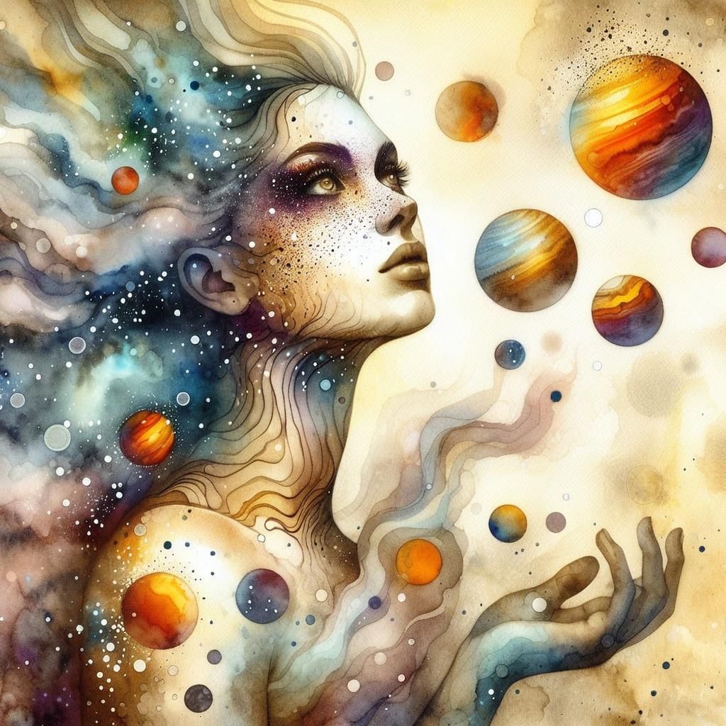 Goddess Emerges: Watercolor Art with Swirling Planets