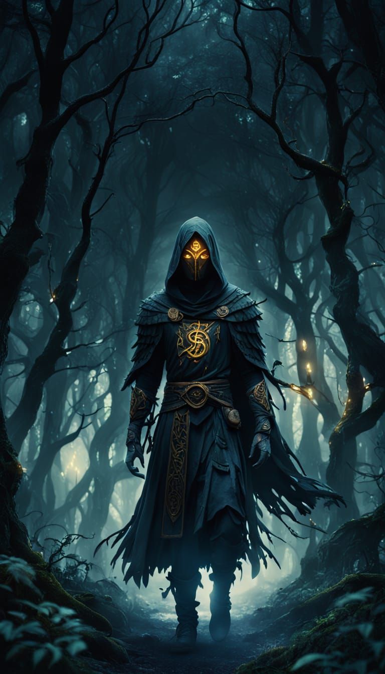 Mysterious Figure in Dark Forest with Runes