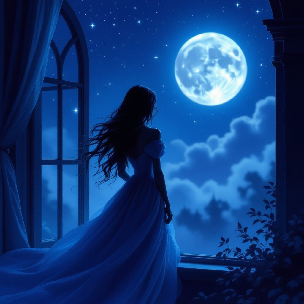 Ethereal Silhouette: Woman at Window in Moonlight