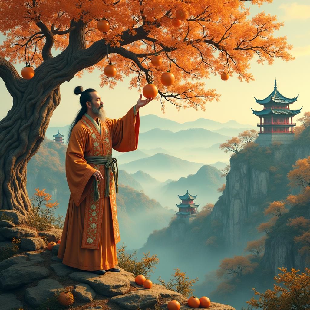 Orchard Scene with Chinese Man in Folk Art Style