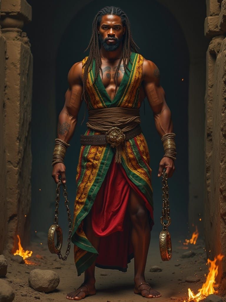 Majestic God King Emerges from Shadows in Regal African Atti...