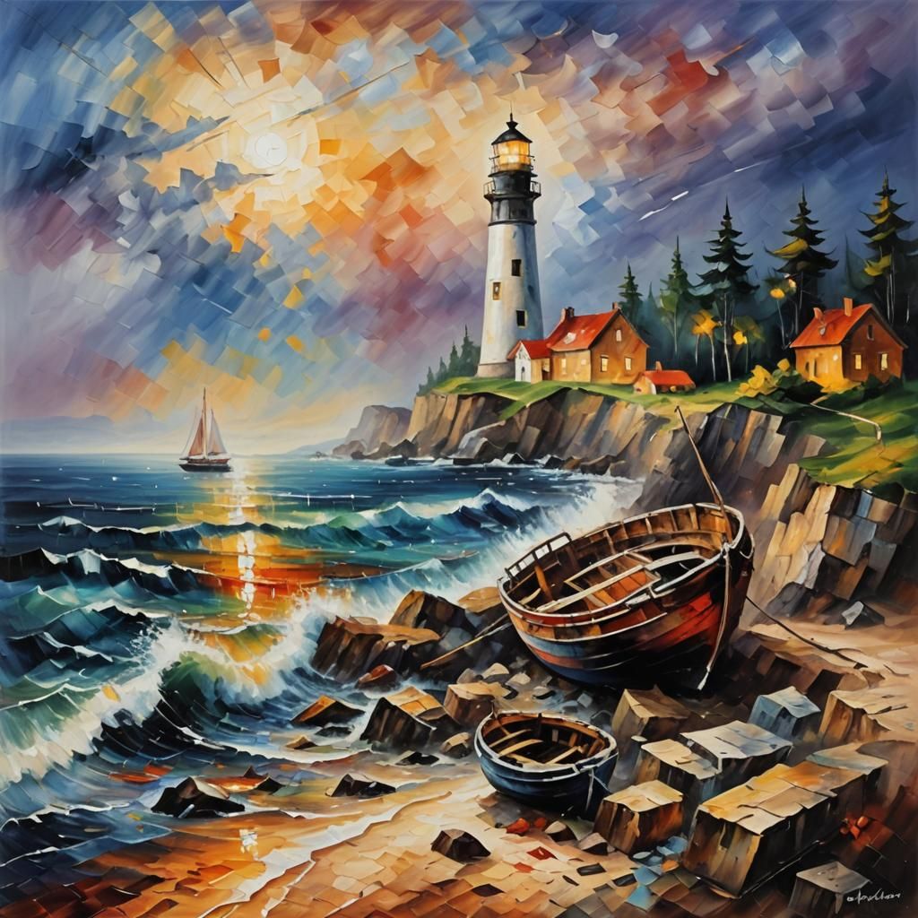 Shipwreck at Lighthouse in Impressionistic Style