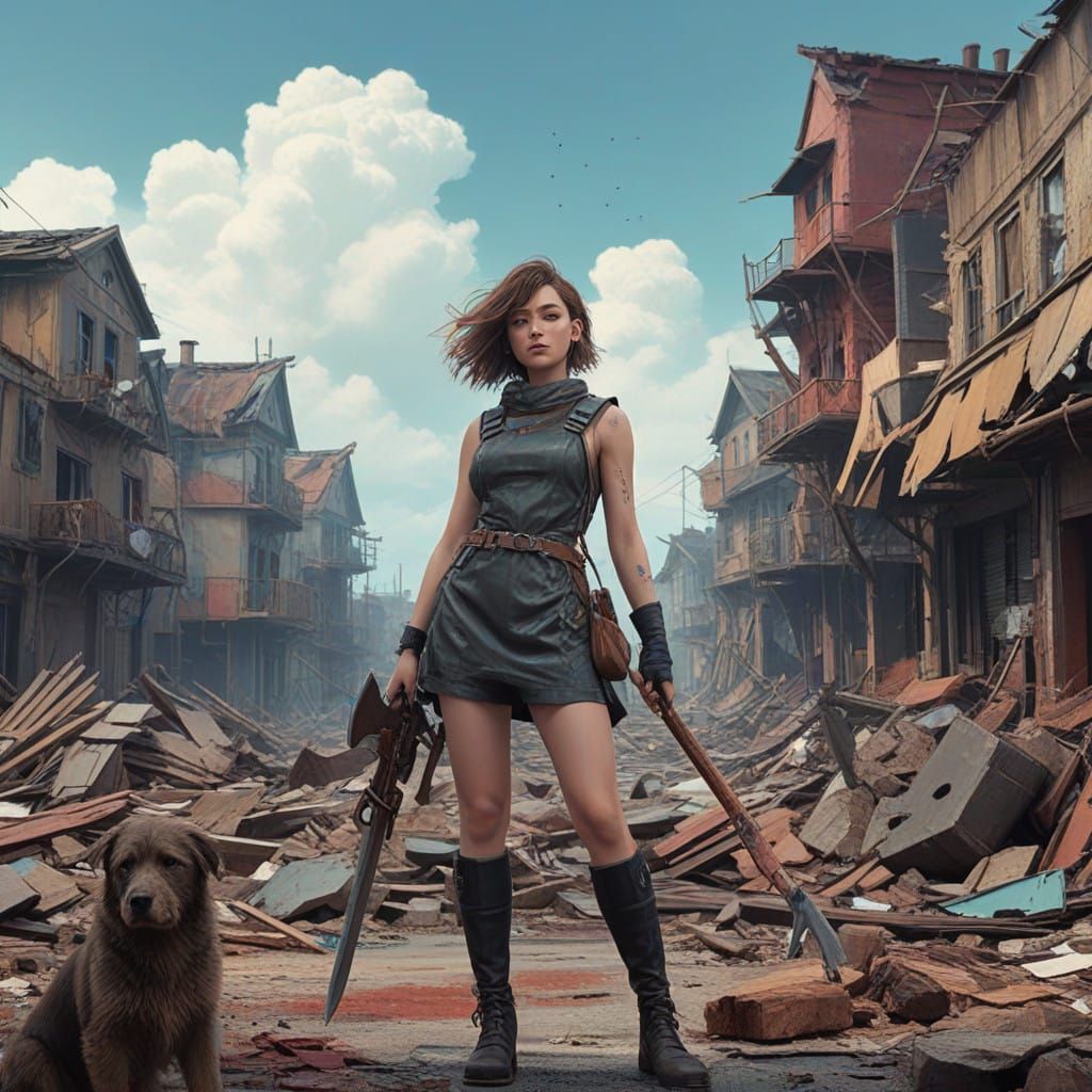 Whimsical Warrior Girl in a Futuristic Ruin