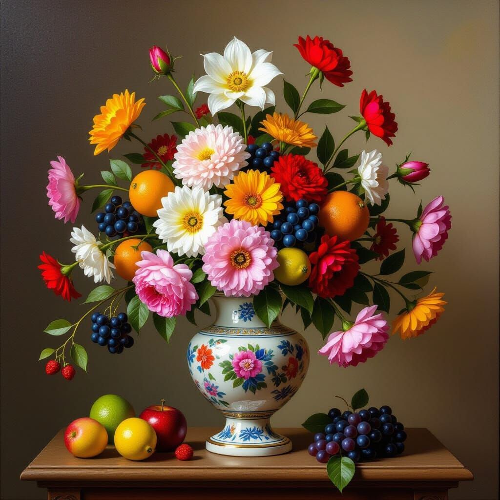 Classical Still Life with Flowers and Fruits